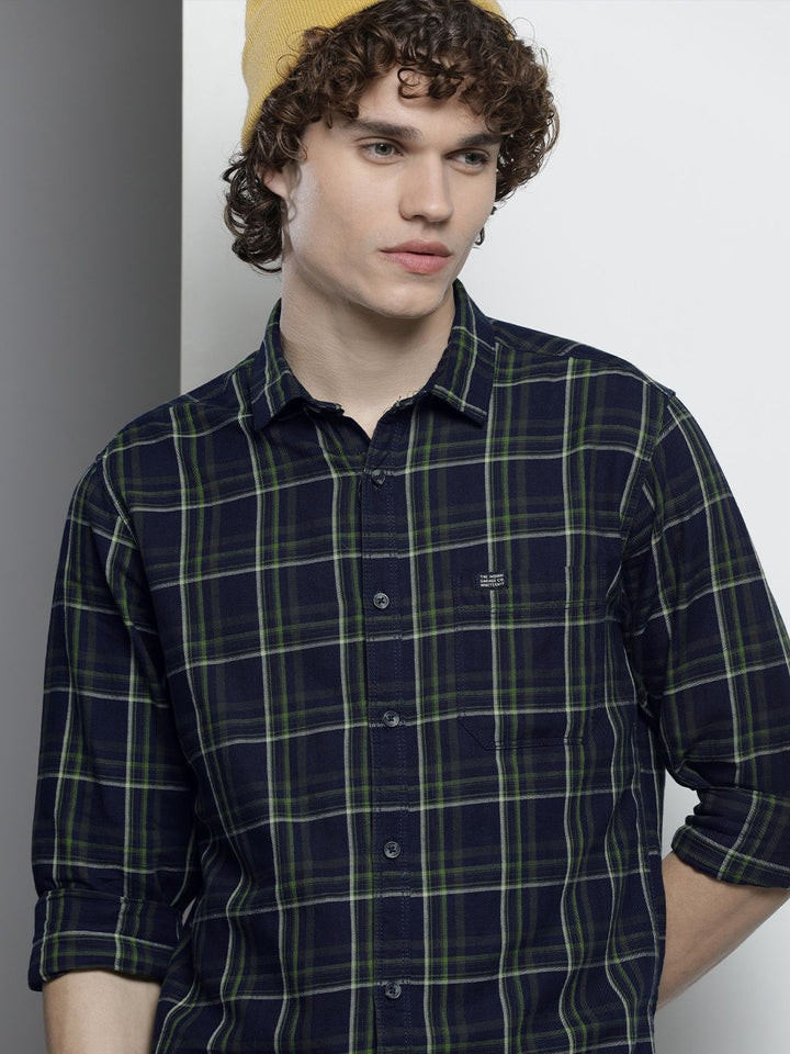 The Indian Garage Co Men Navy Blue & Green Checked Casual Shirt