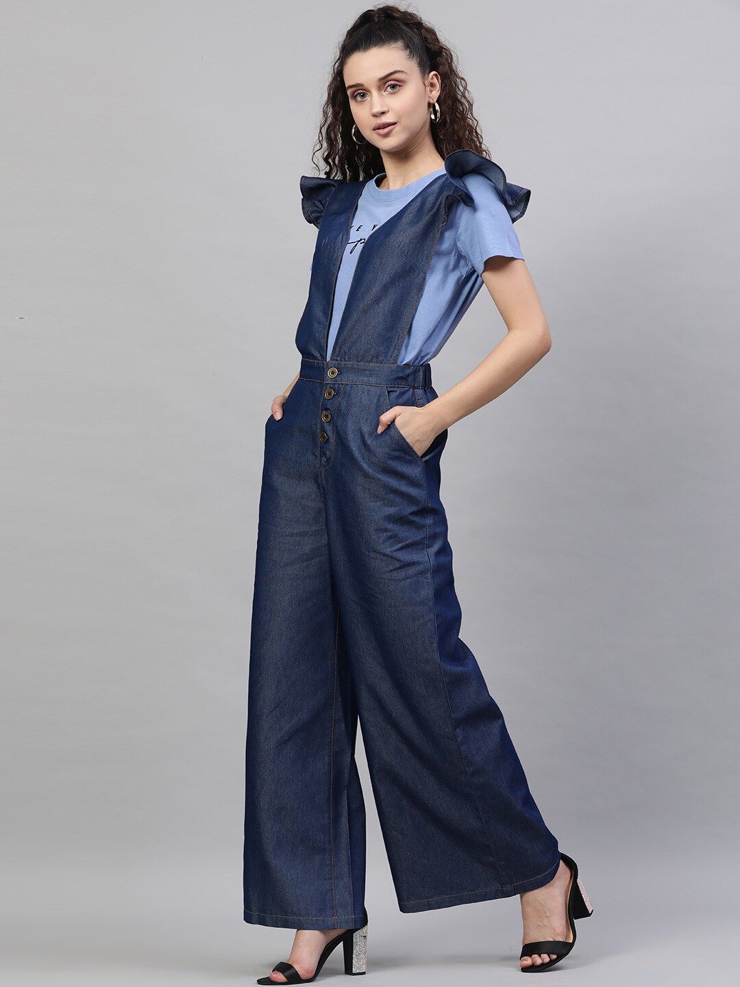STREET 9 Women Blue Solid Denim Front Open Jumpsuit