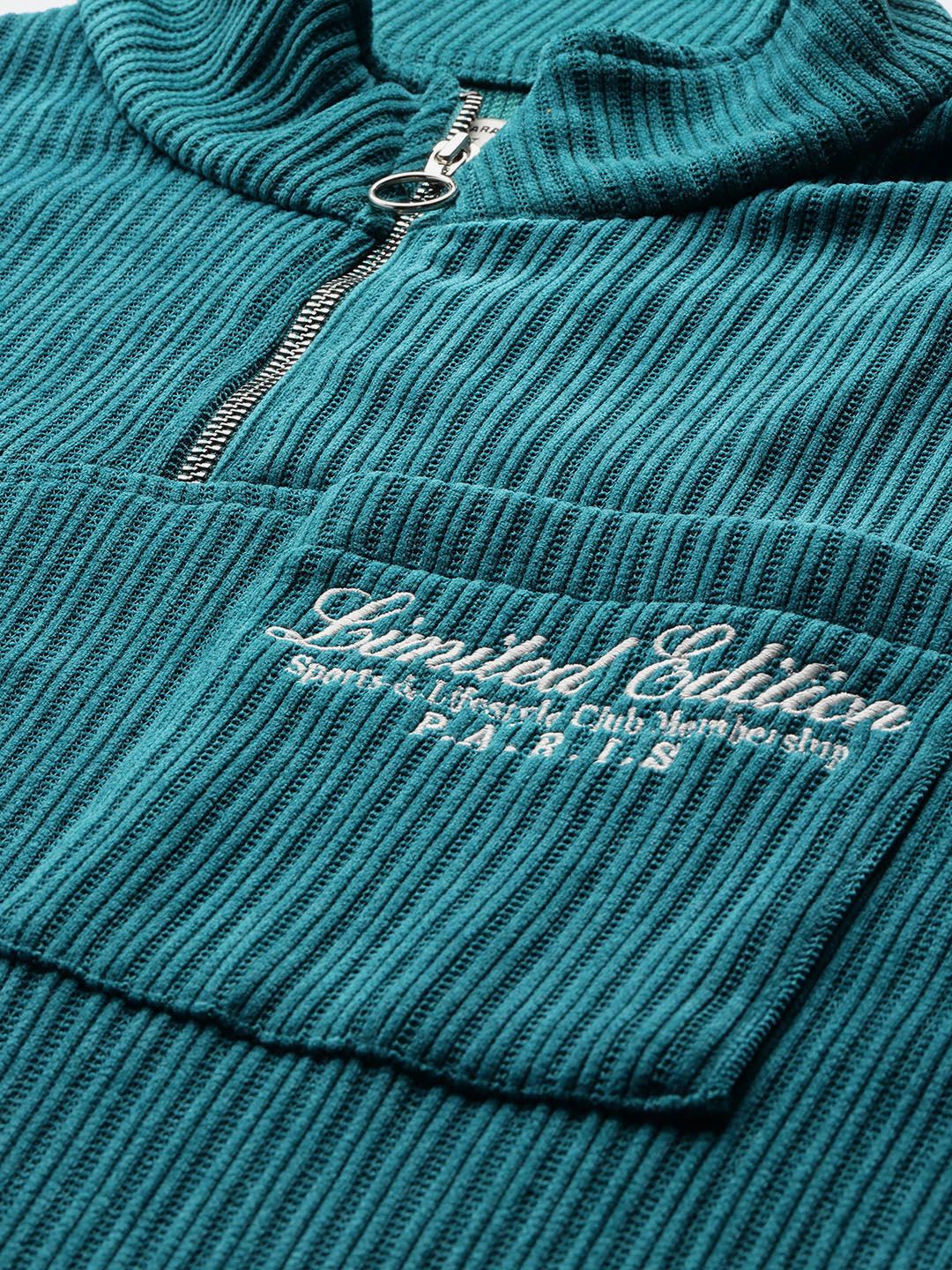 The Indian Garage Co Self Striped Typography Printed Corduroy Relaxed Fit Sweatshirt