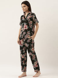 SANSKRUTIHOMES Women Black Pure Cotton Floral Print Pyjama Set