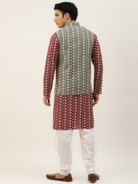 SOJANYA Men Maroon Ethnic Motifs Embroidered Thread Work Kurta with Churidar