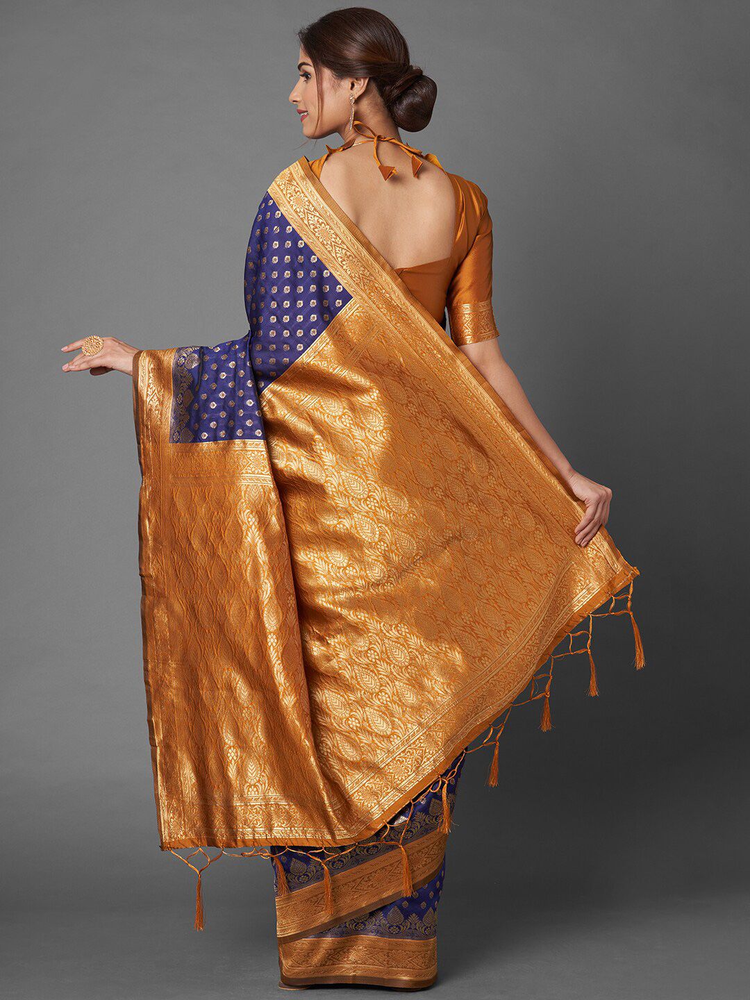 Saree mall Navy Blue & Mustard Zari Silk Blend Banarasi Sarees
