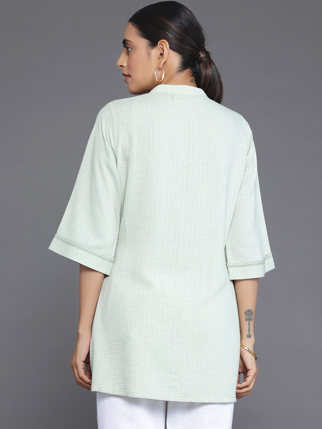 Libas Striped Mandarin Collar Lace Straight Kurti