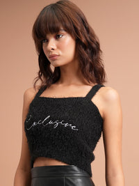 Tokyo Talkies Faux Fur Detail Shoulder Straps Acrylic Crop Top With Cardigan