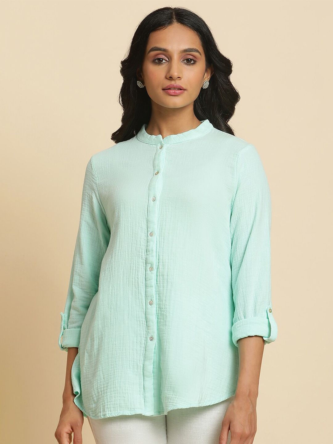 W Mandarin Collar Roll Up Sleeves Cotton Shirt Style Top