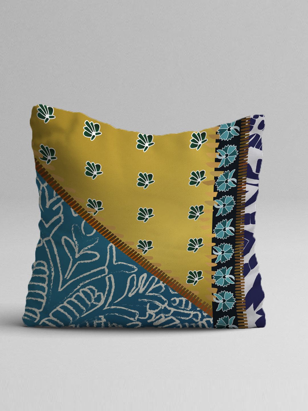 STITCHNEST Blue & Mustard Set of 2 Abstract Square Cushion Covers