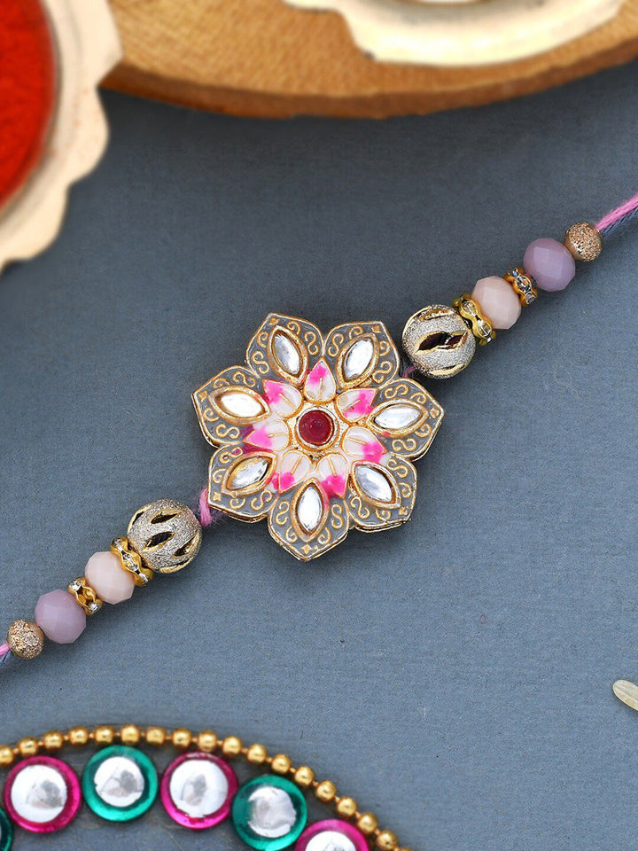 Voylla Meenakari Kundan Embellished Pink Floral Enamel Work Rakhi
