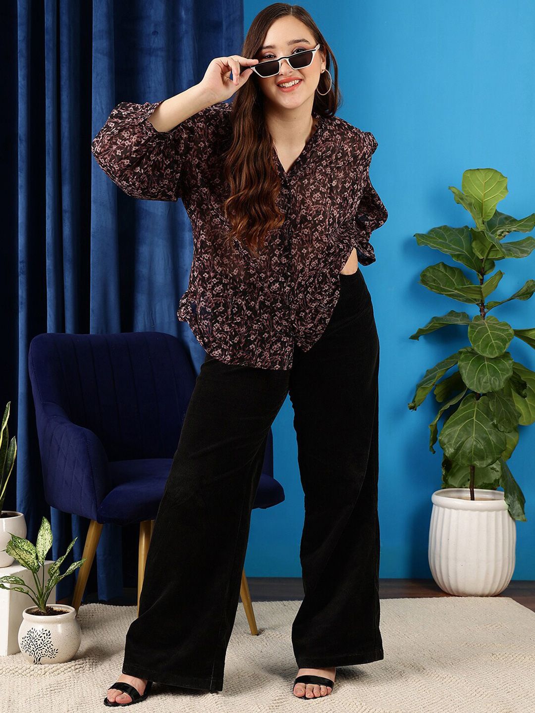 CURVY STREET Plus Size Floral Printed V-Neck Bell Sleeves Ruffled Shirt Style Top