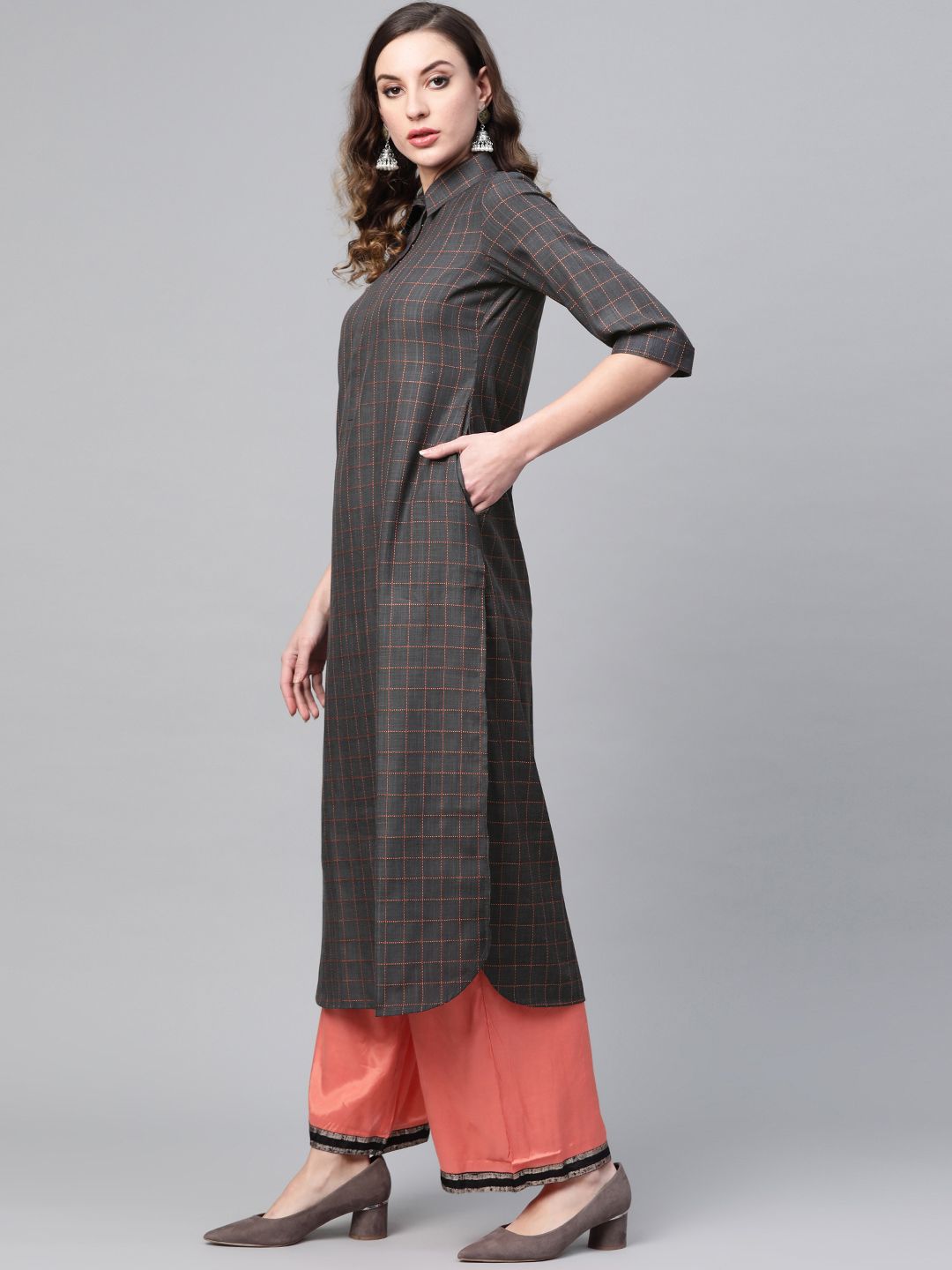 Gerua By Libas Women Charcoal Grey  Orange Checked Pathani Kurta