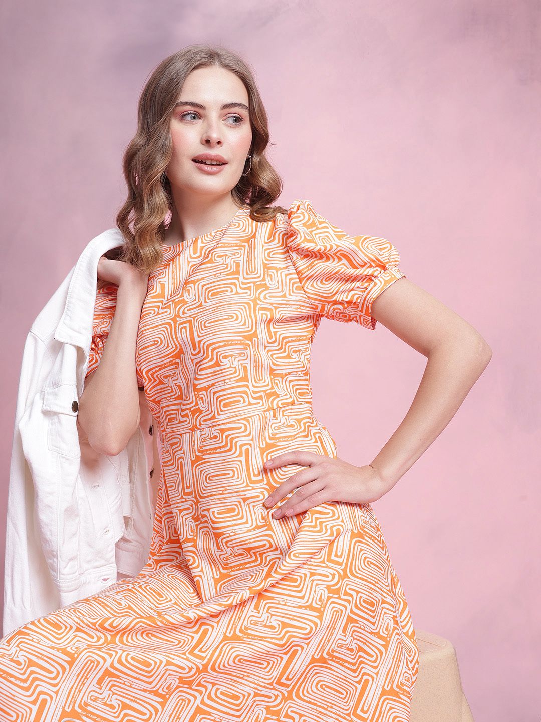 DressBerry Printed Puff Sleeve A-Line Dress