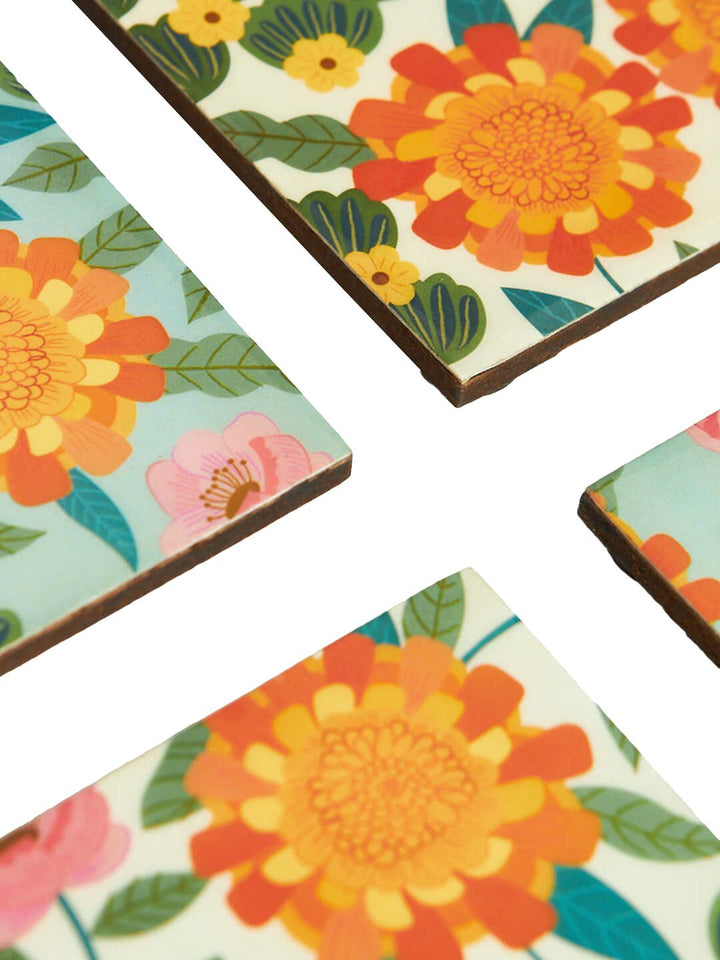 Chumbak Assorted Orange 6 Pieces Marigold Printed Coasters