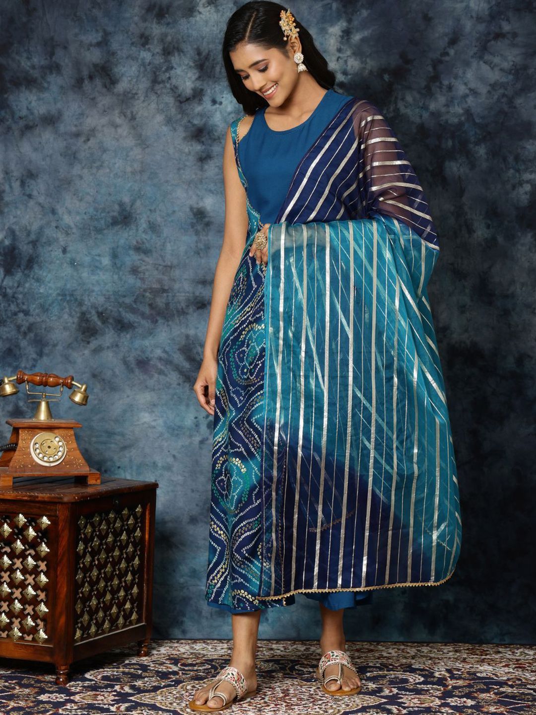KALINI Women Rayon Embroidered Anarkali Bandhani Print Kurta With Organza Dupatta Set