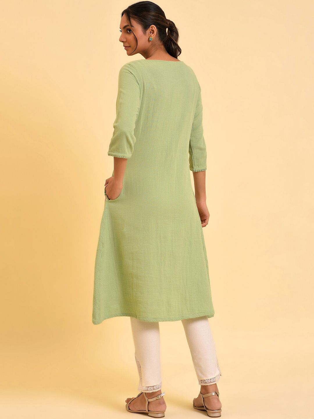 W Green Floral Embroidered A-Line Pure Cotton Kurta