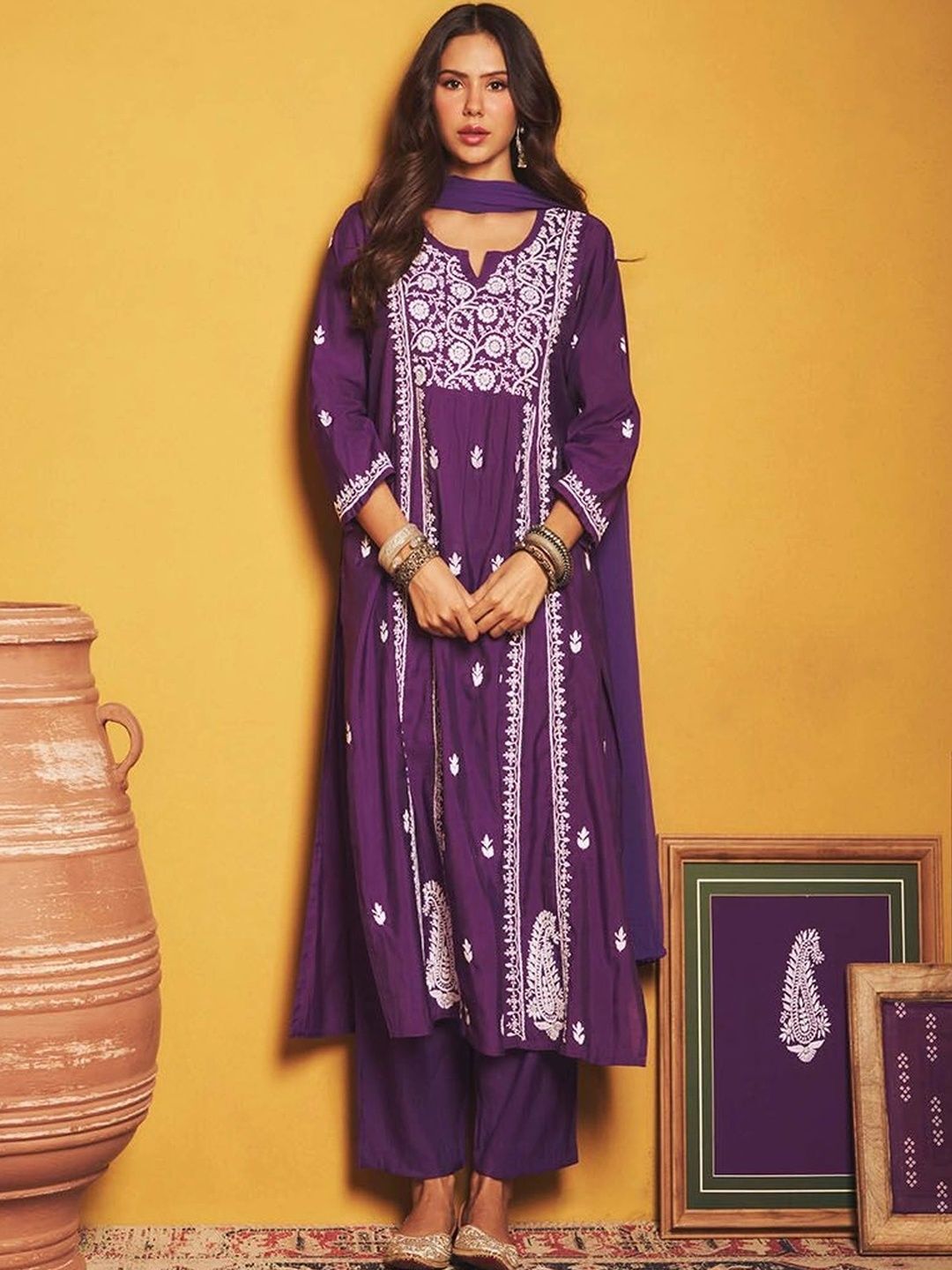 House of Chikankari Sonam Purple Chanderi Set Kurta Chikankari Dengan Dupatta