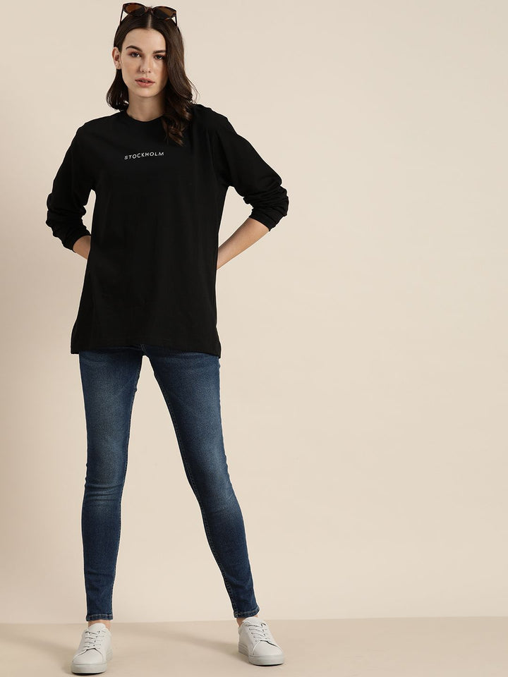 DILLINGER Women Black Printed Round Neck Oversized T-shirt