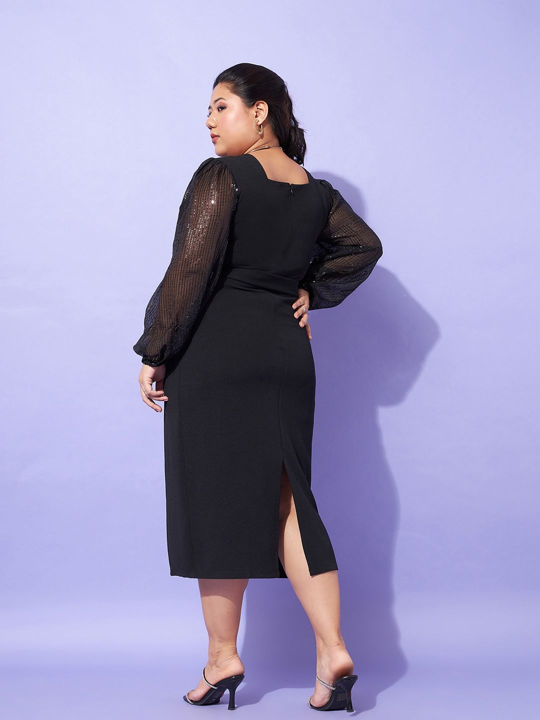 SASSAFRAS Curve Black Plus Size Sequin Embellished Puff Sleeves Sheath Midi Dress
