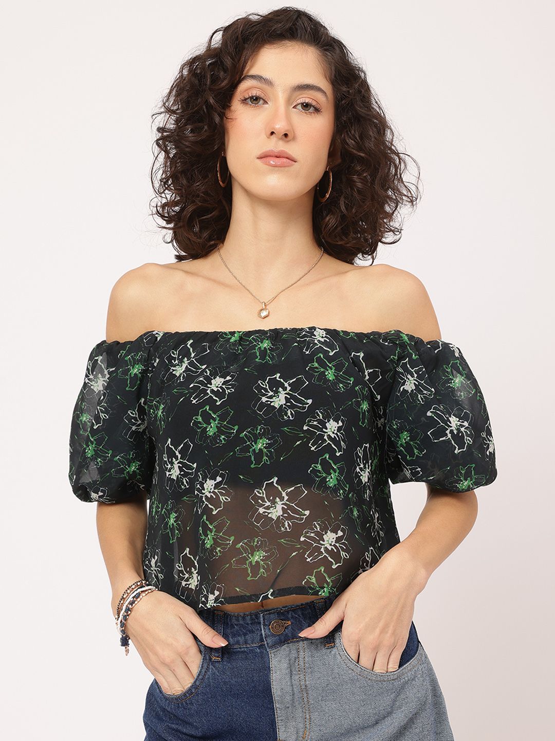 DressBerry Printed Sheer Slay Bardot Top