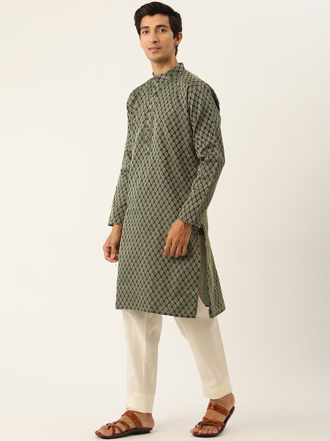 SOJANYA Kurta Motif Etnik Hijau Lelaki dengan Jaket Churidar & Nehru