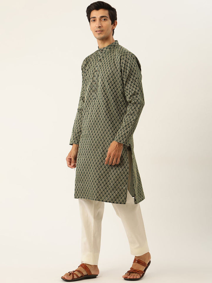 SOJANYA Kurta Motif Etnik Hijau Lelaki dengan Jaket Churidar & Nehru
