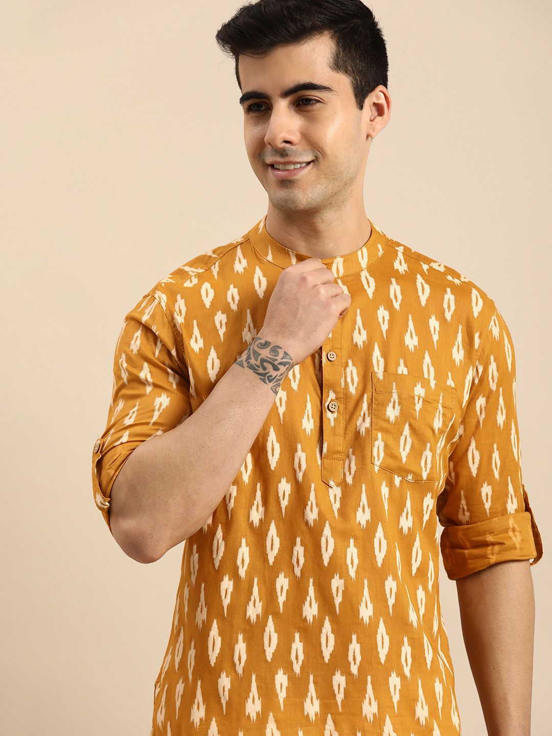 Anouk Men Mustard Yellow & White Printed Roll-Up Sleeves Pure Cotton Short Kurta