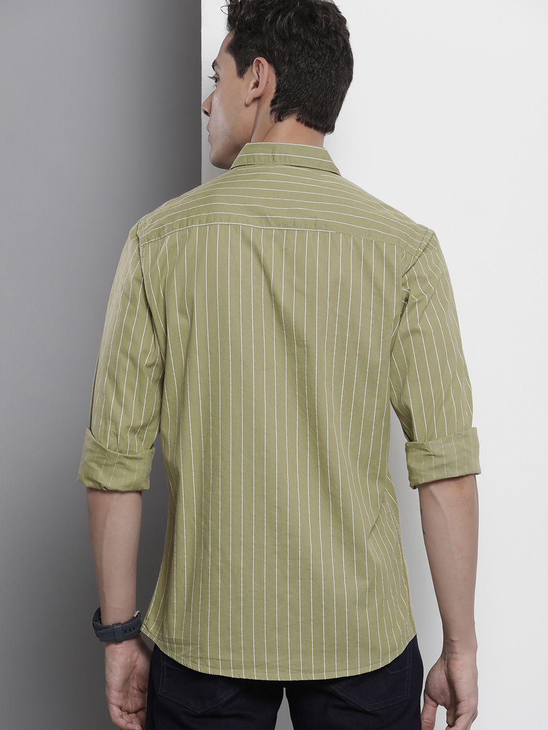The Indian Garage Co Men Olive Green & White Striped Cotton Casual Shirt