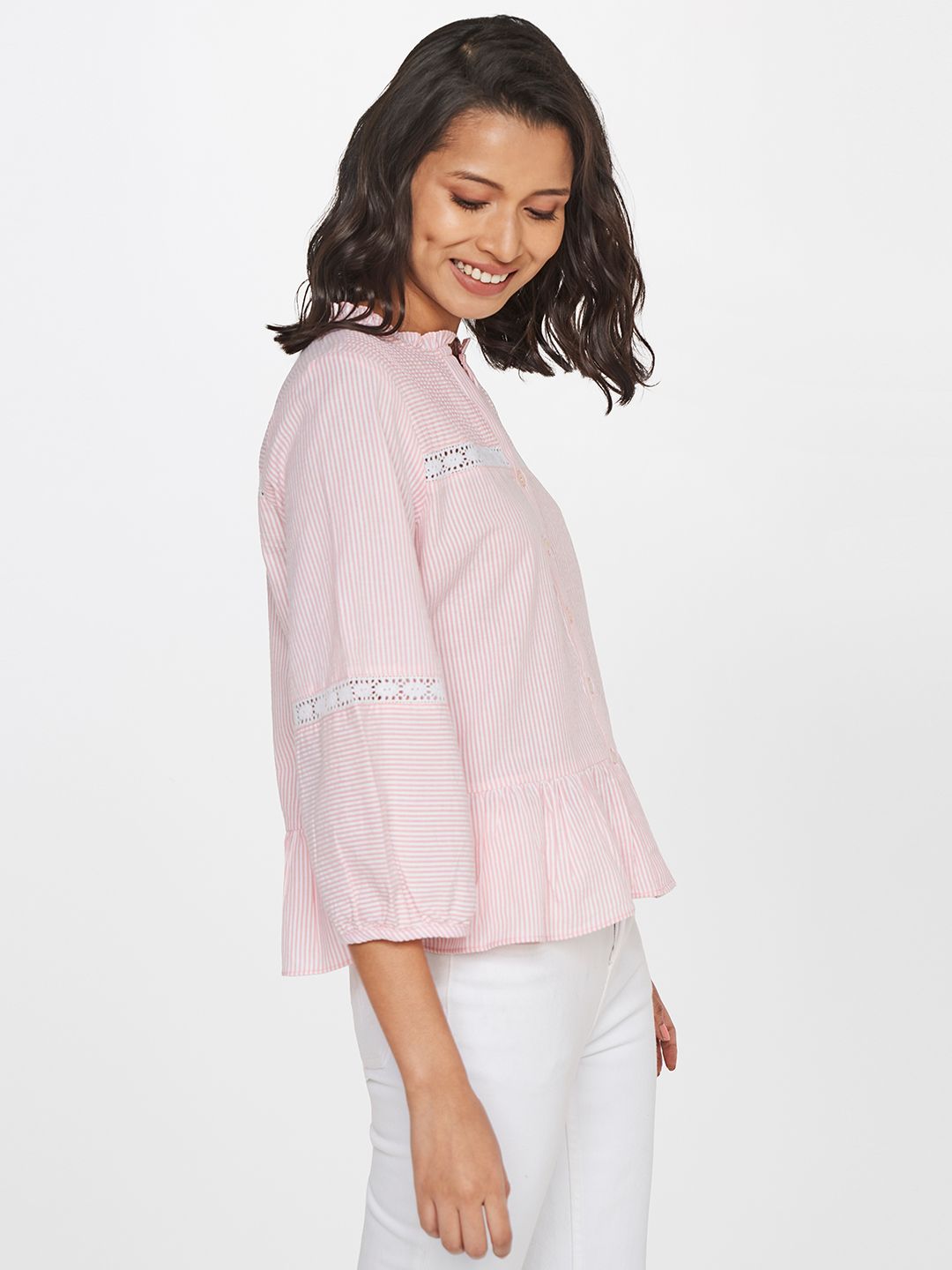 AND Striped Puff Sleeve Cotton Top