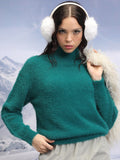 Tokyo Talkies Teal High Neck Long Sleeves Acrylic Pullover Sweater