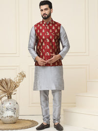 SOJANYA Mandarin Collar Silk Cotton Straight Kurta dengan jaket Churidar & Nehru