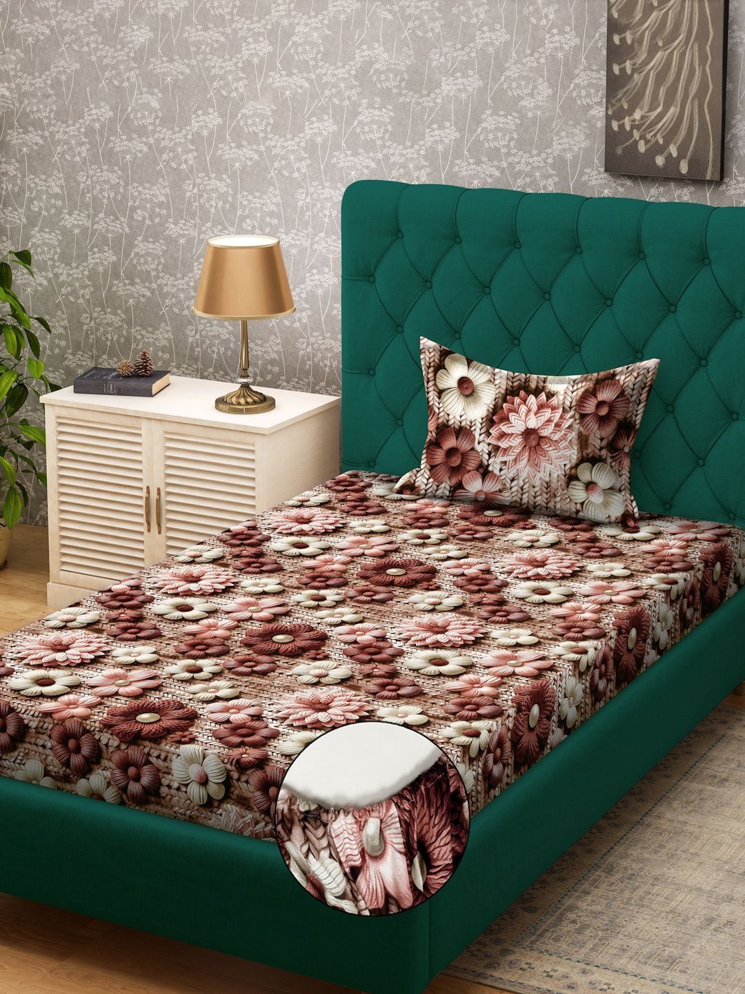Myntra Elegant Brown Floral Printed Dilengkapi 300 TC Single Cadar 7D & 1 Sarung Bantal
