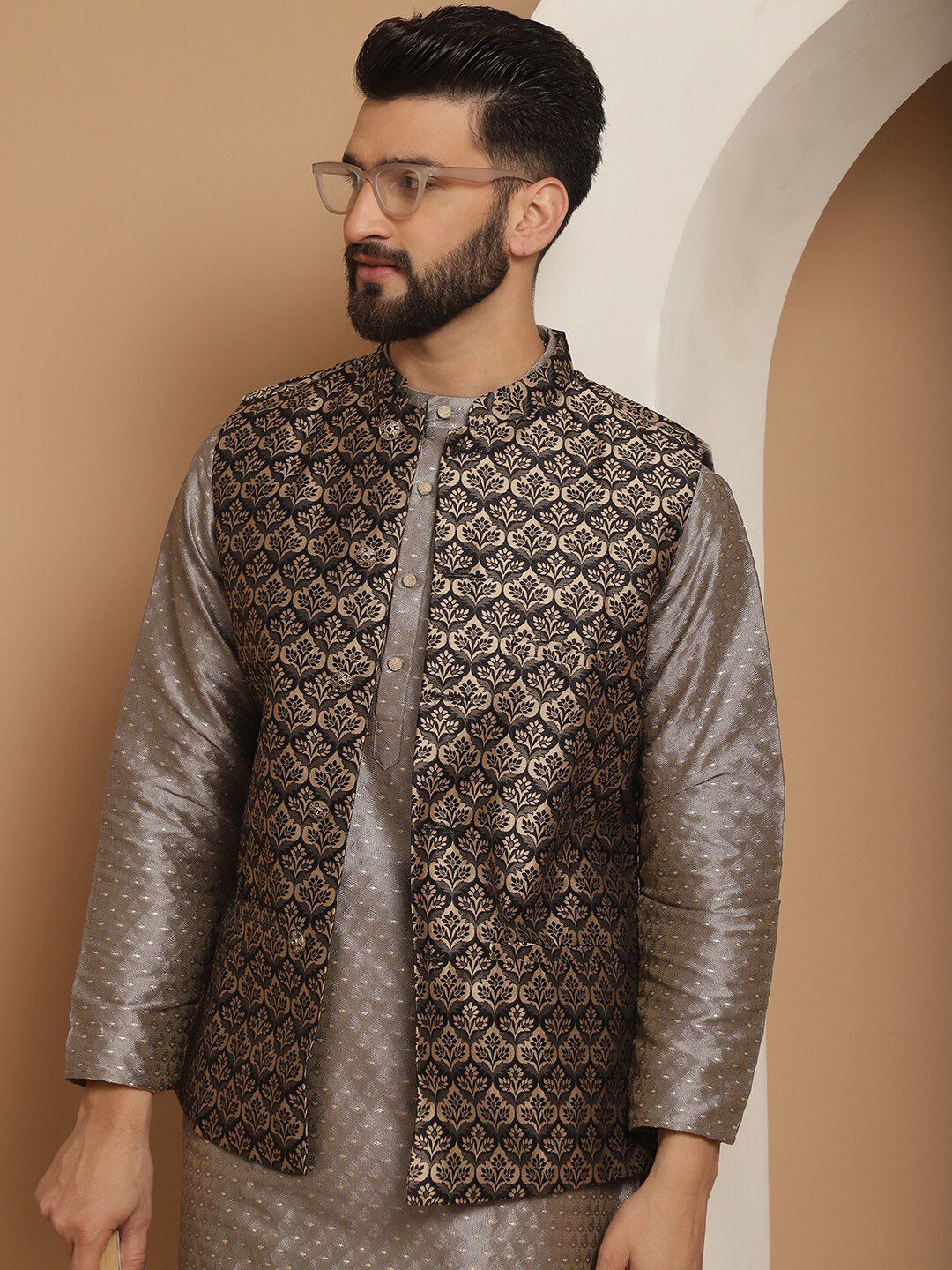 Anouk Woven Design Regular Kurta With Churidar & Nehru jacket
