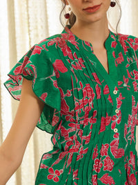 SANSKRUTIHOMES Women Green Cotton Printed V Neck Dress