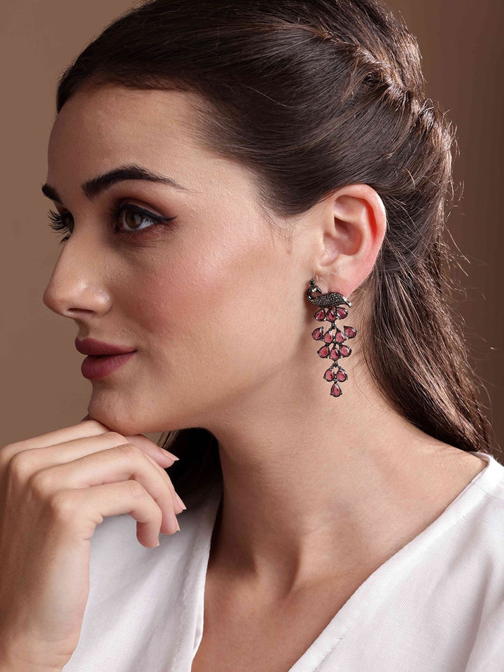 PANASH Silver-Plated Cubic Zirconia Studded Peacock Shaped Drop Earrings