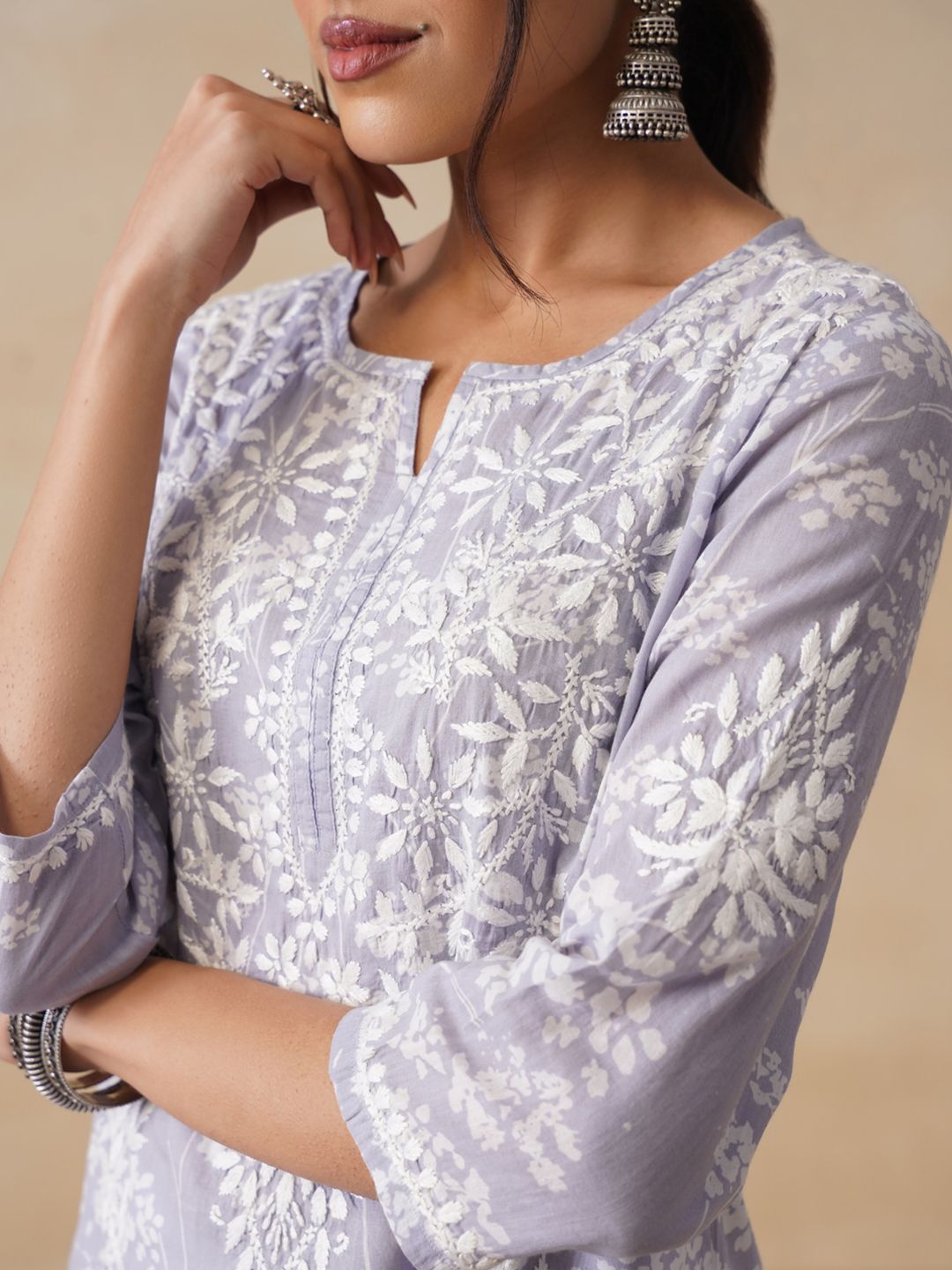 House of Chikankari Women Grey Mulmul Chikankari Embroidered Kurta
