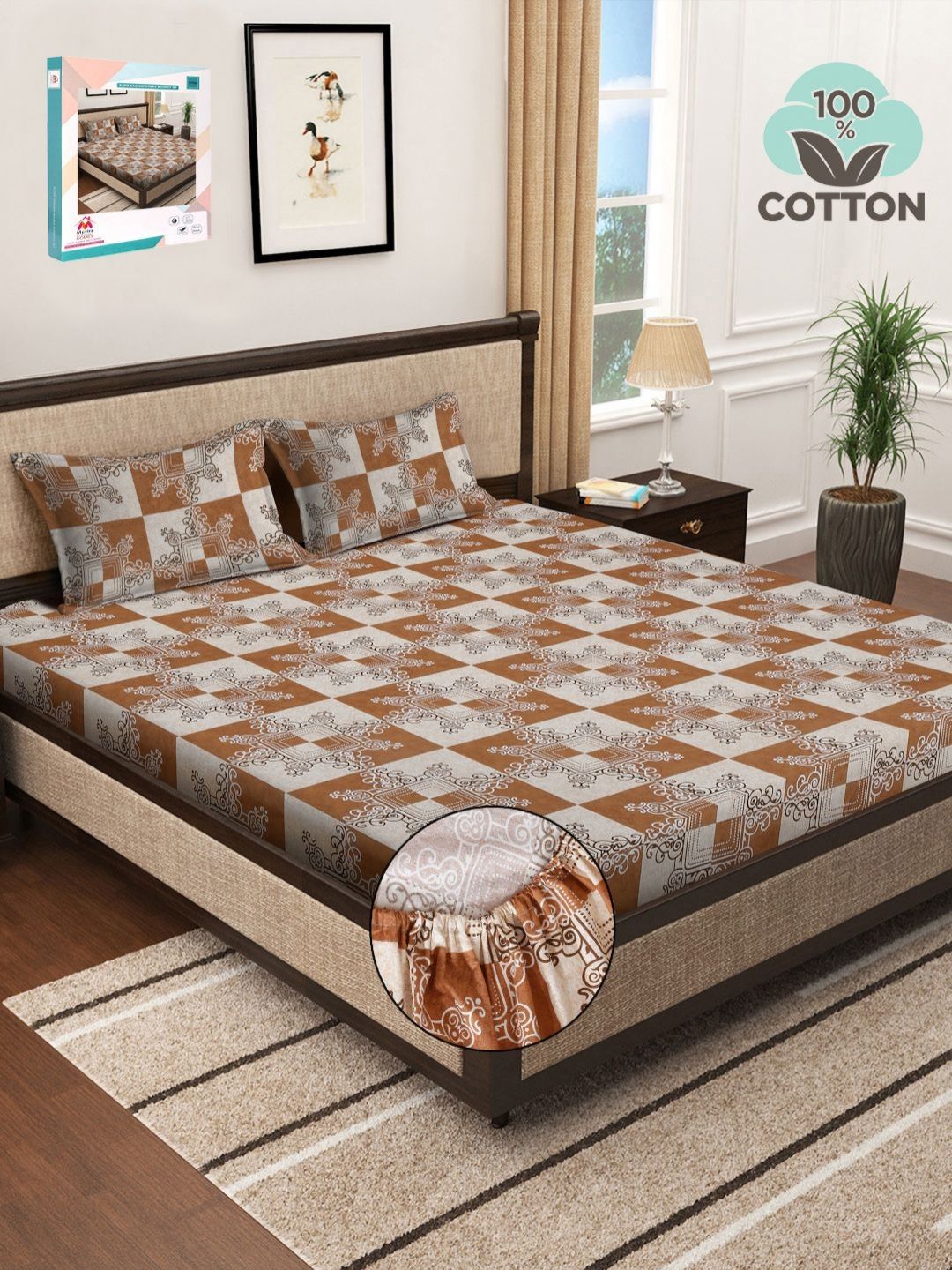 Myntra Elegant Homes Brown & White Floral 400 TC King Bedsheet with 2 Pillow Covers