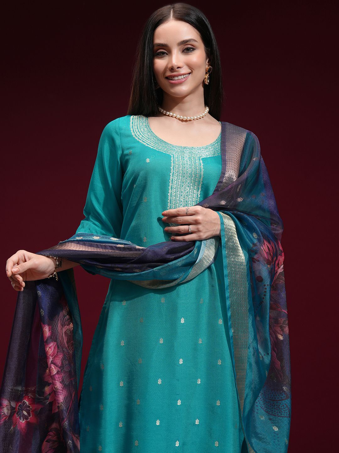 Vishudh Women Turquoise Ethnic Motifs Regular Kurta with Trousers Dupatta