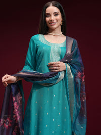 Vishudh Women Turquoise Ethnic Motifs Regular Kurta with Trousers Dupatta