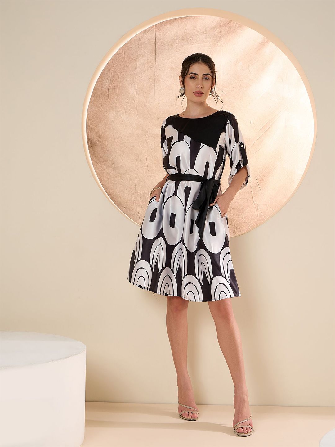 Antheaa Print Layered Satin Fit & Flare Dress