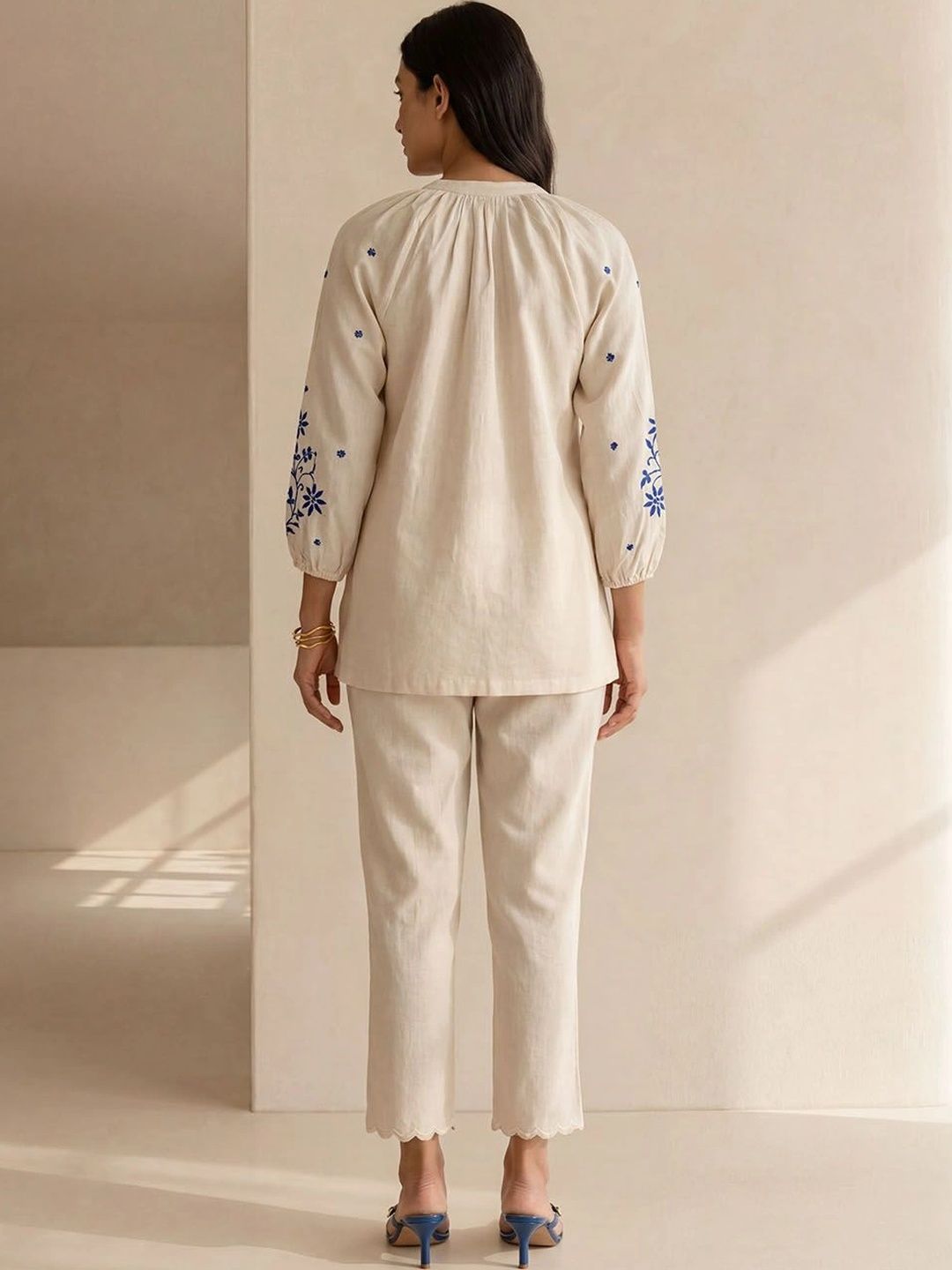 House of Chikankari Floral Embroidered Tie-Up Neck Cotton Top