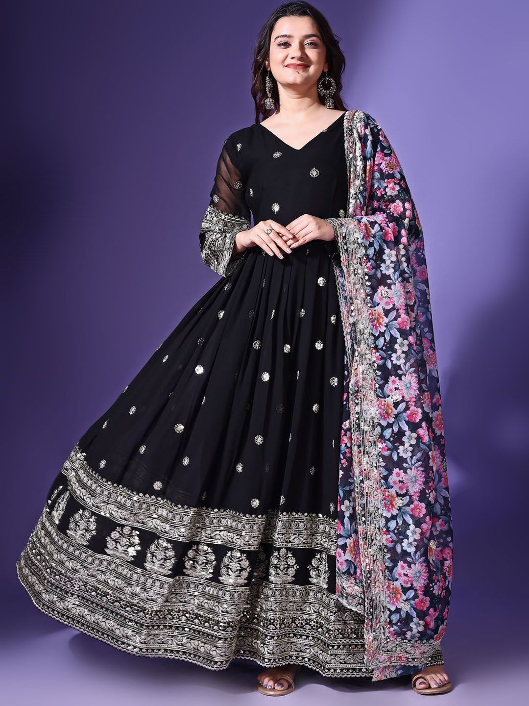 KALINI Floral Embroidered Sequinned V Neck Georgette Anarkali Kurta