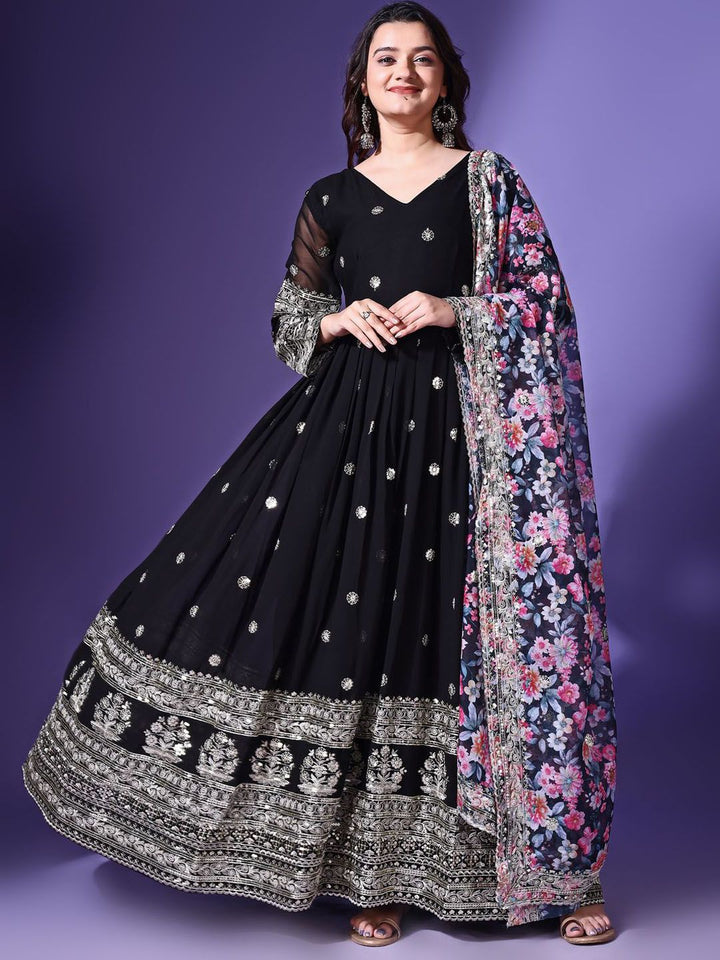KALINI Floral Embroidered Sequinned V Neck Georgette Anarkali Kurta