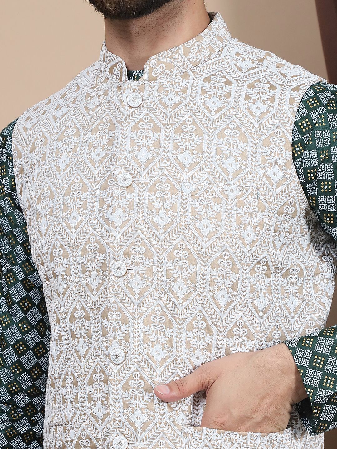 Anouk Floral Printed Regular Straight Kurta With Churidar & Nehru Jacket