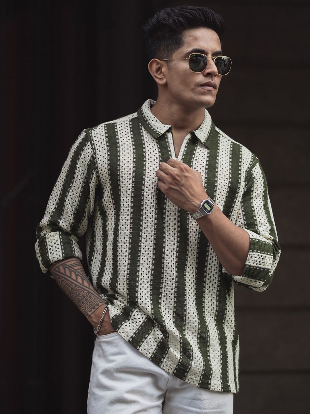 Powerlook Men Striped Polo Collar Pure Cotton Relaxed Fit T-shirt
