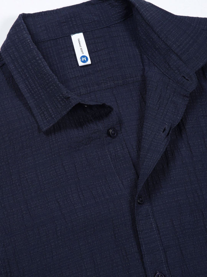 Thomas Scott Men Classic Slim Fit Spread Collar Textured Casual Shirt