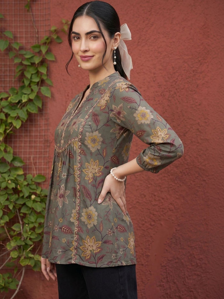 Mamicha Floral Print Mandarin Collar Puff Sleeve Cotton Top