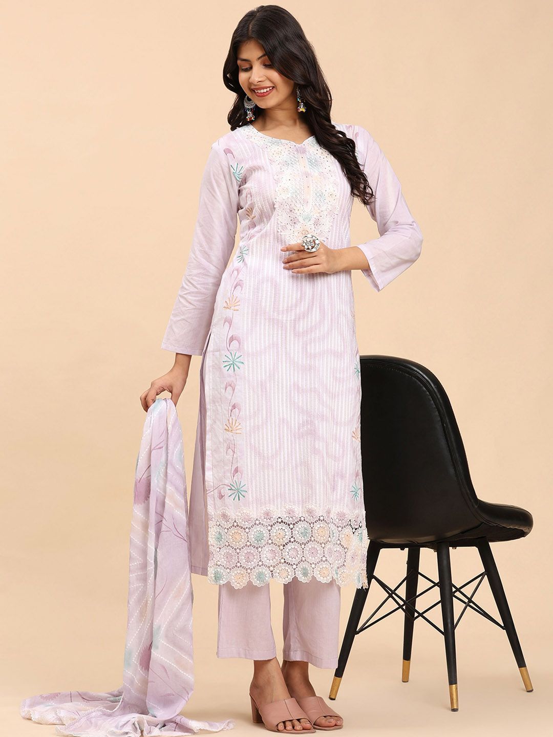 Mamicha Wanita Bercetak Kurta Kapas Tulen Biasa dengan Palazzos & Dengan Dupatta