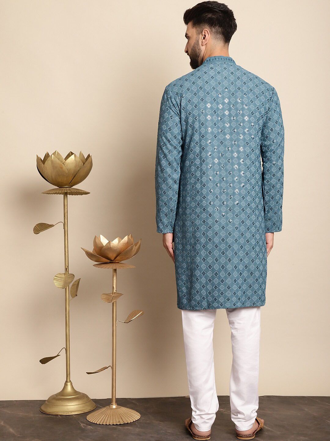 Motif Etnik Biru Anouk Bersulam Benang Berfungsi Kapas Tulen Kurta Lurus Dengan Churidar