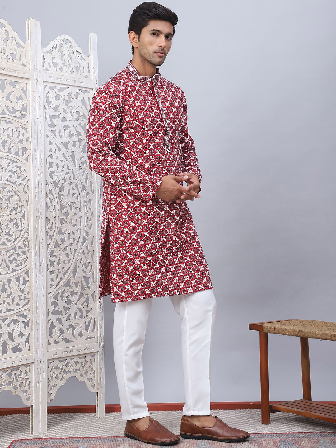 Jompers Floral Embroidered Thread Work Mandarin Collar Straight Kurta with Pyjamas