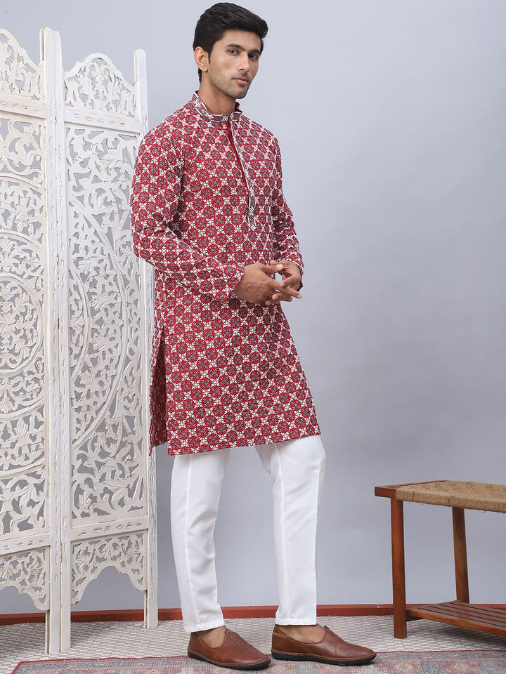 Jompers Floral Embroidered Thread Work Mandarin Collar Straight Kurta with Pyjamas