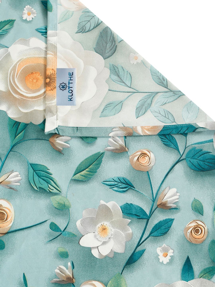 KLOTTHE Turquoise Blue Floral Printed Flat 300 TC Single 7D Bedsheet With 2 Pillow Cover