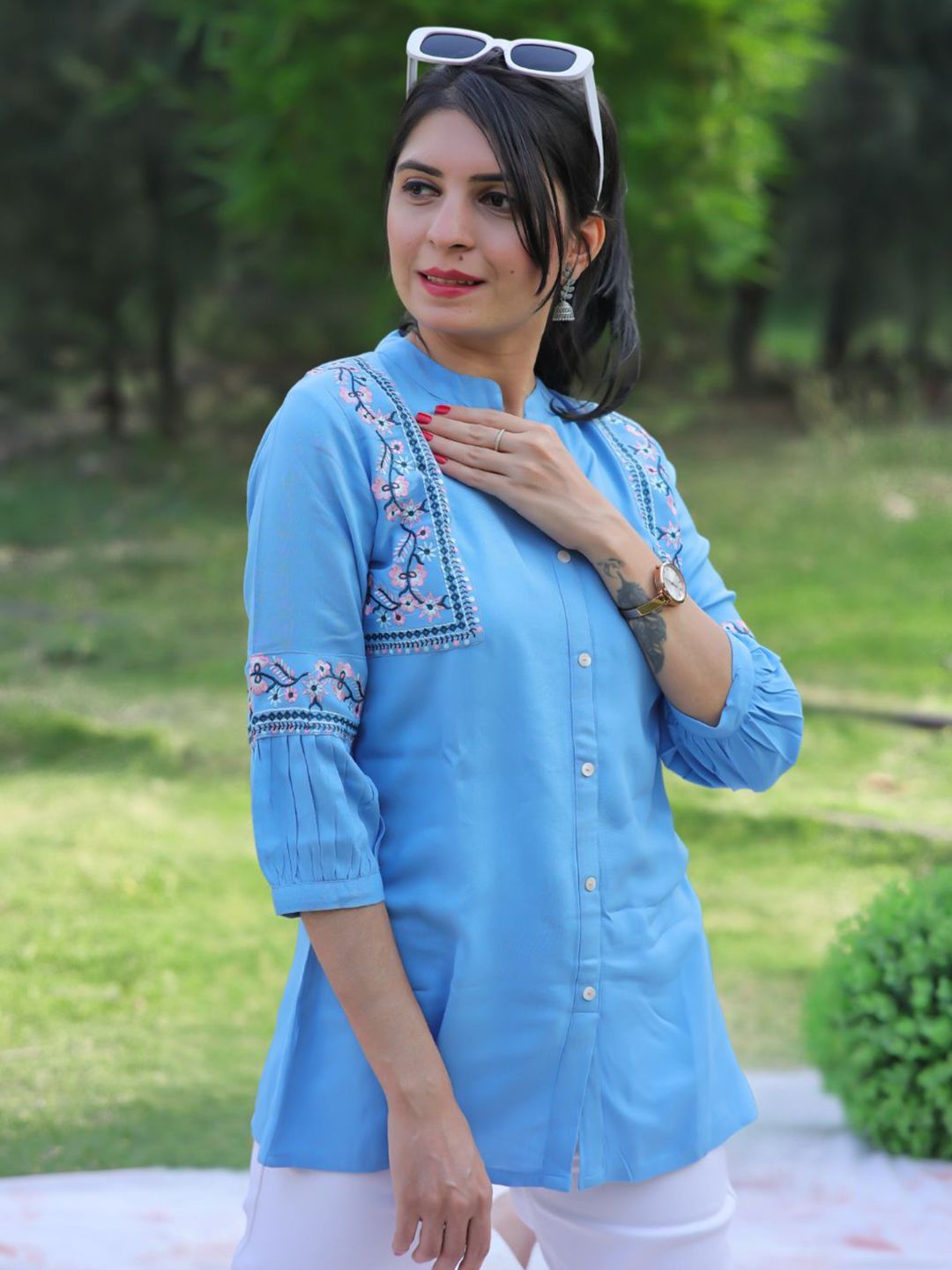 KALINI Women Light Blue Viscose Rayon Embroidered A-line Short Kurti